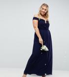 Asos Curve Wedding Ruched Mesh Bardot Maxi Dress - Navy