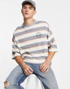 Asos Design Oversized Stripe T-shirt In Blue With Chest Print-blues