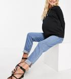 Asos Design Maternity High Rise Farleigh 'slim' Mom Jeans In Midwash With Under The Bump Waistband-blues