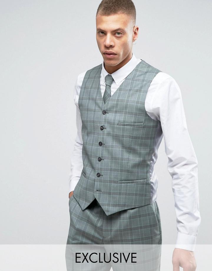 Heart & Dagger Slim Vest In Summer Wedding Check - Green