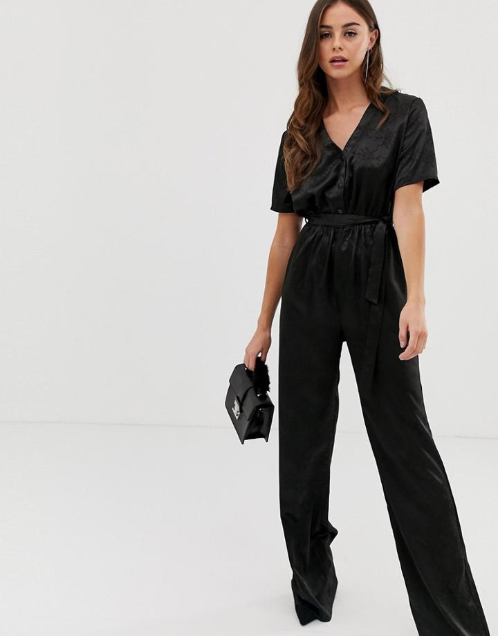 Prettylittlething Satin Jumpsuit In Black Jaquard - Black