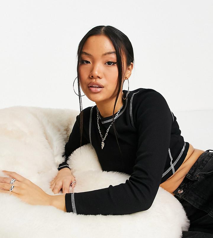 Asos Design Petite Long Sleeve Top With Contrast Stitch Detail In Black