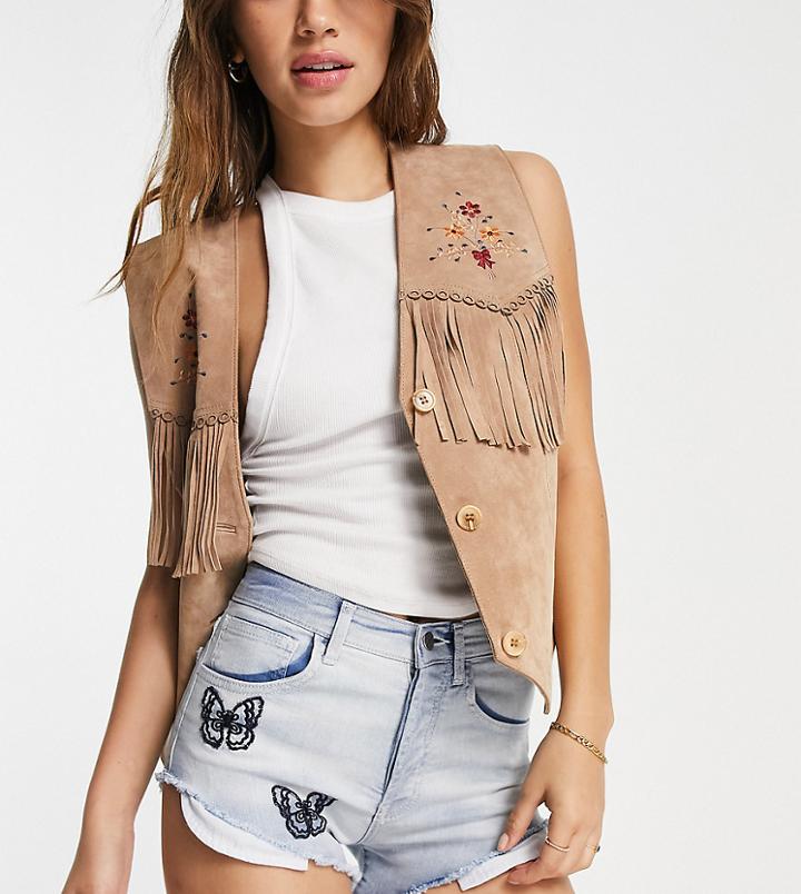 Reclaimed Vintage Inspired Y2k Denim Hot Pant In Blue With Butterfly Embroidery