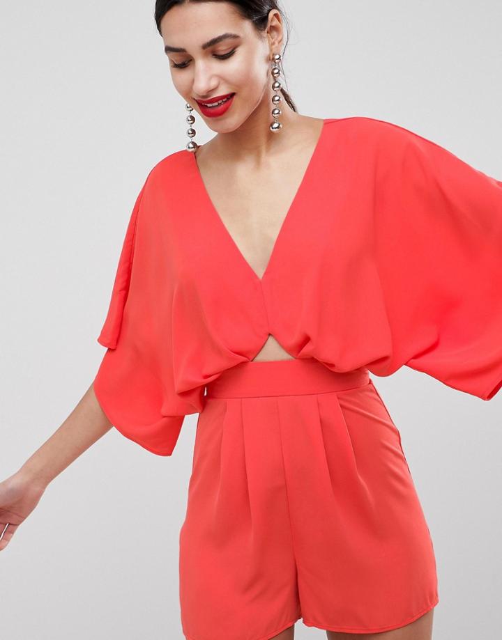 Asos Design Romper With Kimono Sleeve And Cut Out-green