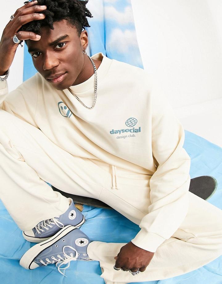 Asos Daysocial Oversized Sweatshirt With Front And Back Logo Prints In Cream - Part Of A Set-white