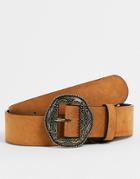 Asos Design Wide Faux Suede Belt With Burnished Gold Western Buckle In Brown