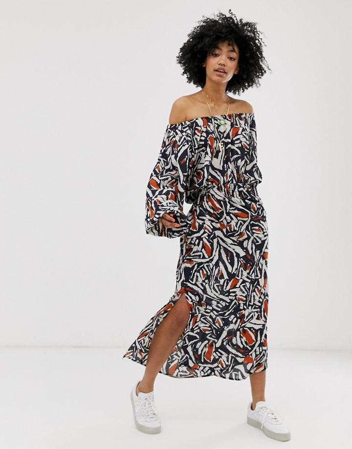 Weekday Printed Off Shoulder Long Sleeves Maxi Dress In Navy-multi