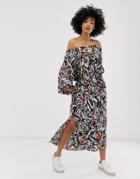 Weekday Printed Off Shoulder Long Sleeves Maxi Dress In Navy-multi