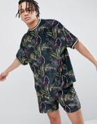 Asos Design Oversized Velour T-shirt In Jungle Print With Tipped Rib Two-piece - Gray