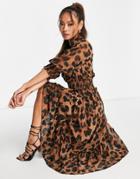 Asos Design Collared Tiered Midi Dress With Shirred Waist In Brown Animal Print-multi