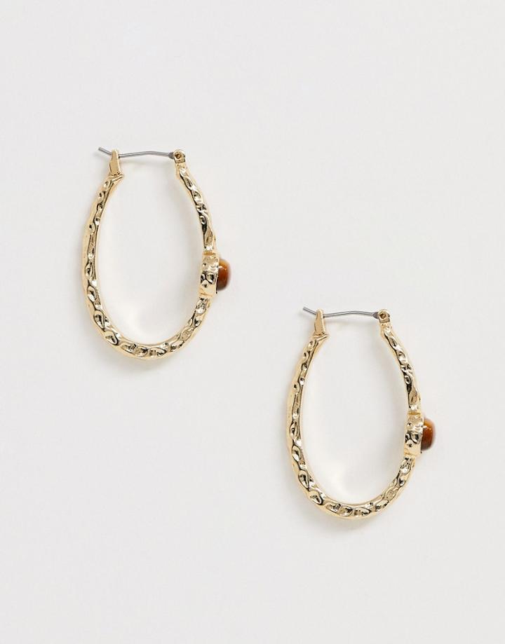 Asos Design Hoop Earrings In Hammered Design With Semi-precious Stone In Gold Tone - Gold