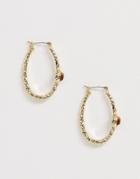Asos Design Hoop Earrings In Hammered Design With Semi-precious Stone In Gold Tone - Gold