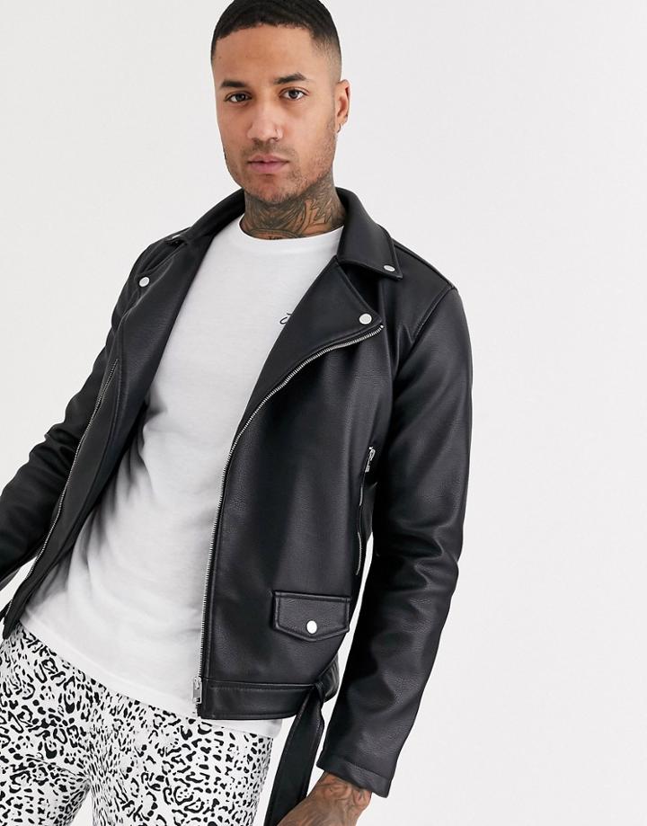 Jack & Jones Originals Faux Leather Heavy Biker Jacket In Black