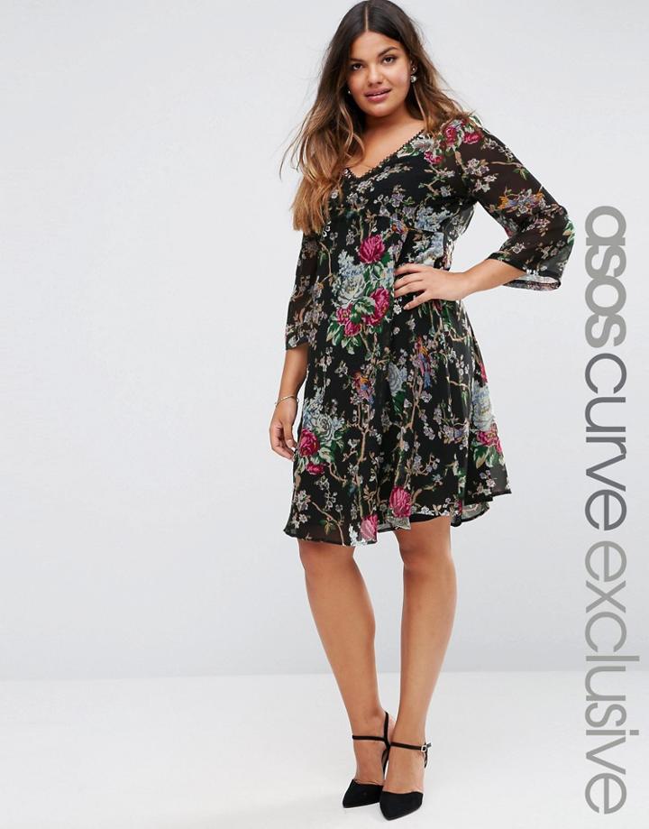 Asos Curve Swing Dress In Dark Floral With Lace Trim & Floaty Sleeve - Multi