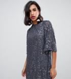 River Island Smock Dress With Flute Sleeves In Gray Sequin - Gray