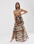 Asos Design Cross Neck Split Front Maxi Dress In Tiger Animal Print-multi