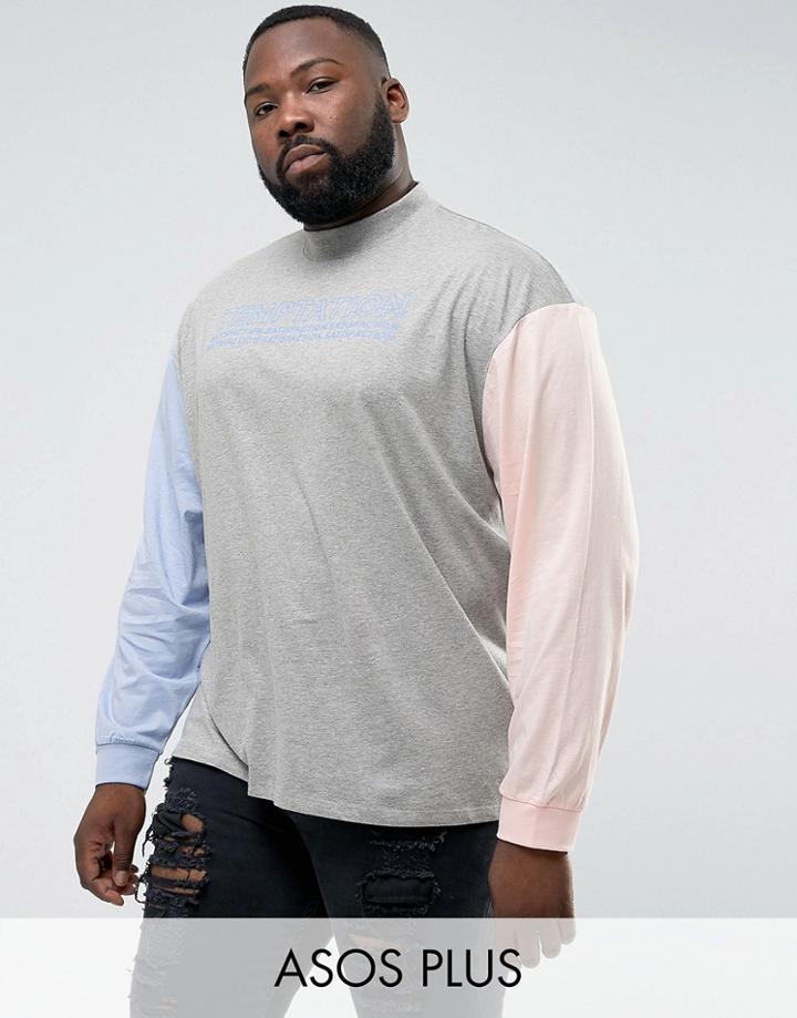 Asos Plus Oversized Long Sleeve T-shirt With Temptation Print & Turtleneck - Gray