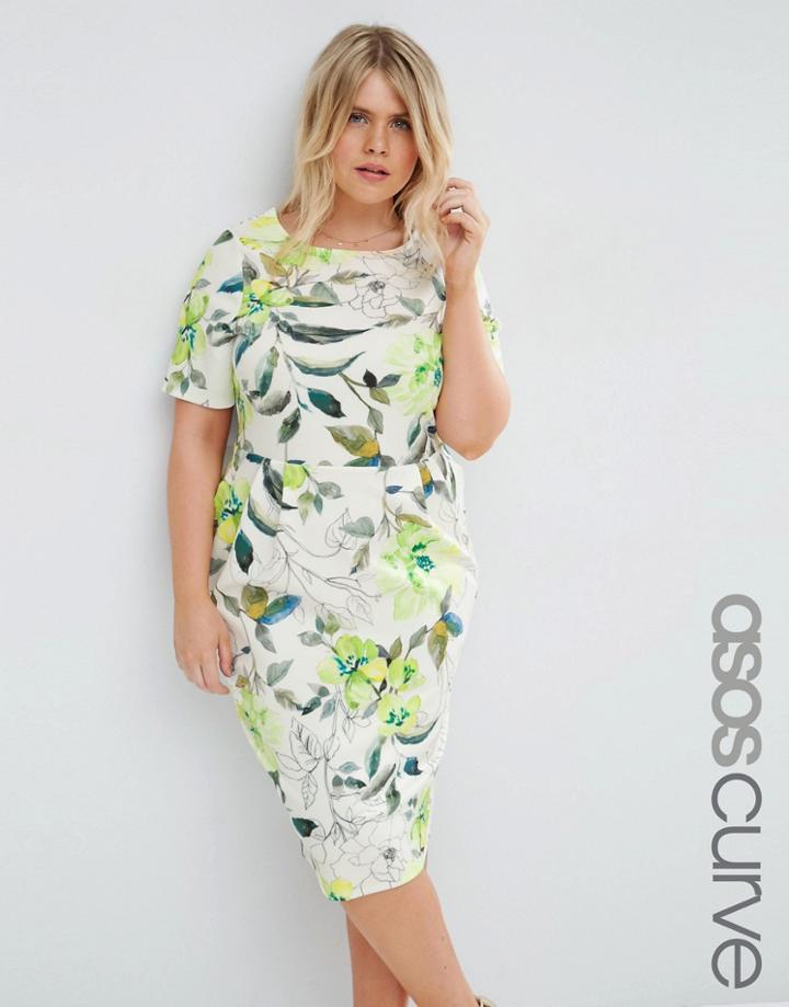 Asos Curve Wiggle Dress In Water Color Floral Print - Floral Print