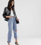 River Island Mom Jeans With Ripped Detail In Mid Wash - Blue