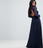 John Zack Petite Over Lace Top Maxi Dress With Open Back-navy