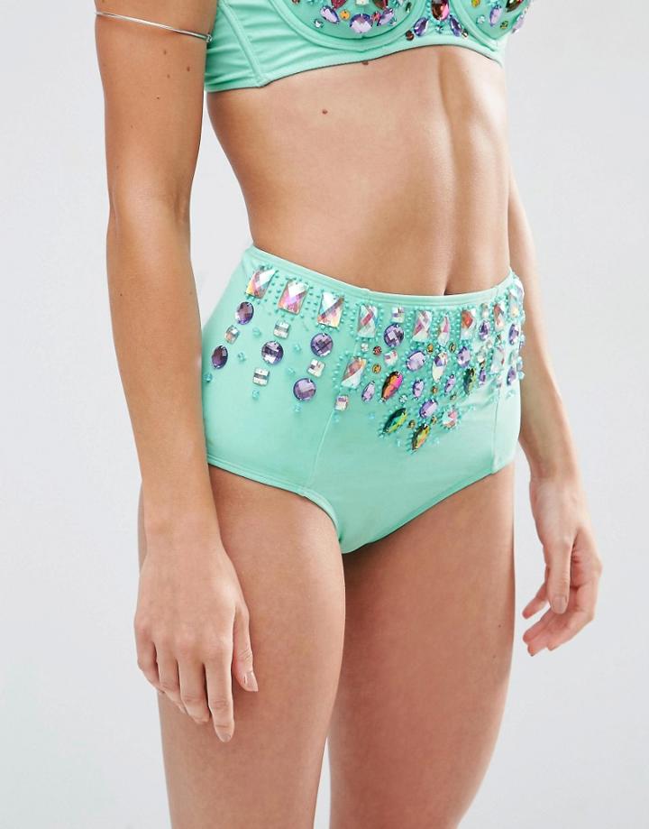 Asos Frozen Gem Embellished High Waist Bikini Bottom - Green