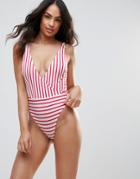 Goddiva Stripe Wrap Over Swimsuit - Red