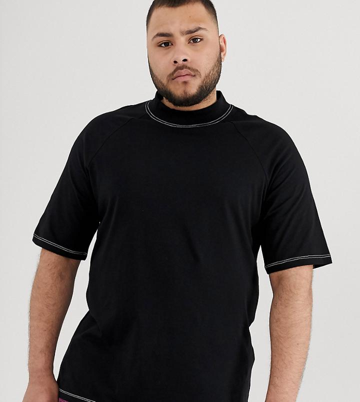 Asos Design Plus Jersey Contrast Raglan Turtleneck With Contrast Stitching In Black