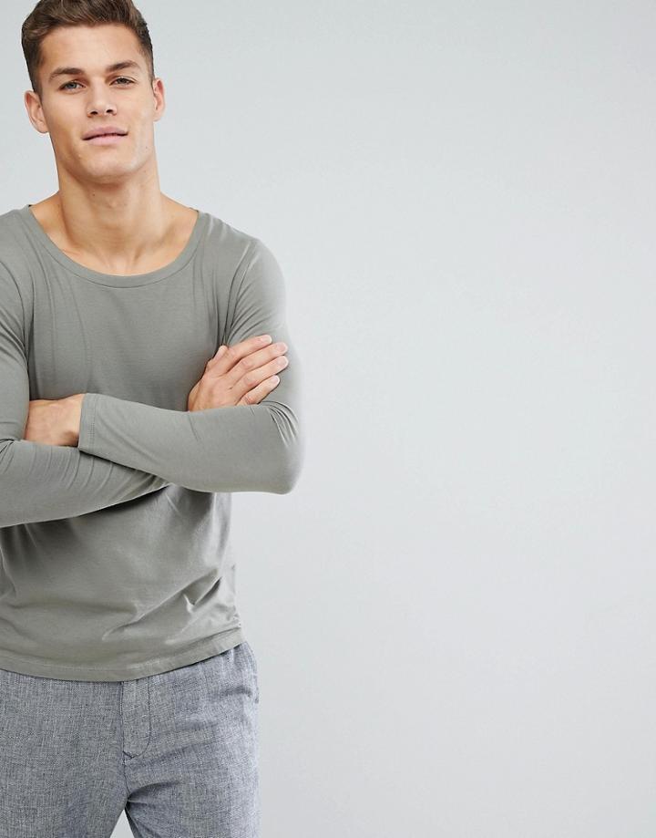 Asos Scoop Neck T-shirt With Long Sleeves In Green - Green