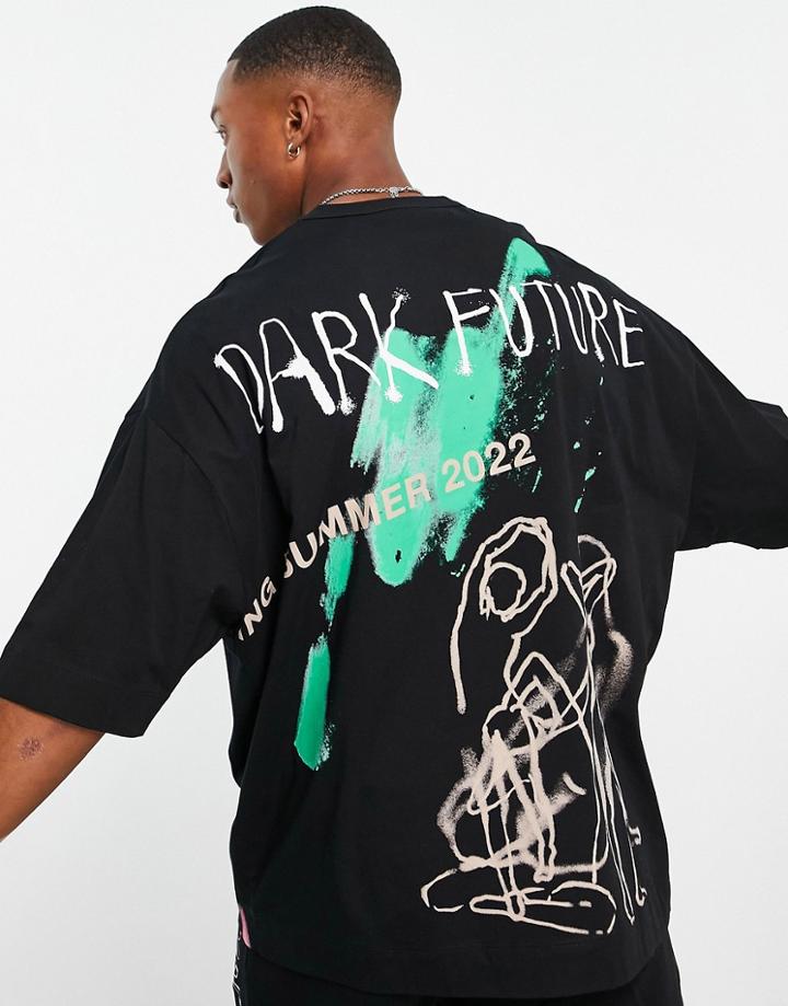 Asos Dark Future Oversized T-shirt With Multi Graphic And Logo Prints In Black - Part Of A Set