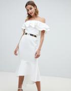 River Island Off The Shoulder Midi Dress With Belt Detail In Ivory-cream
