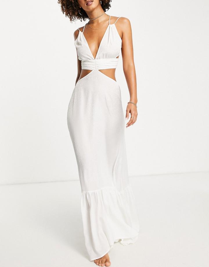 Asos Design Jacquard Cut Out Ruched Beach Maxi Dress In Ivory-white