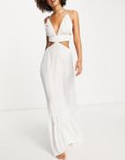 Asos Design Jacquard Cut Out Ruched Beach Maxi Dress In Ivory-white
