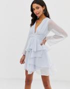 Asos Design Soft Mini Dress With Waist Detail-blue
