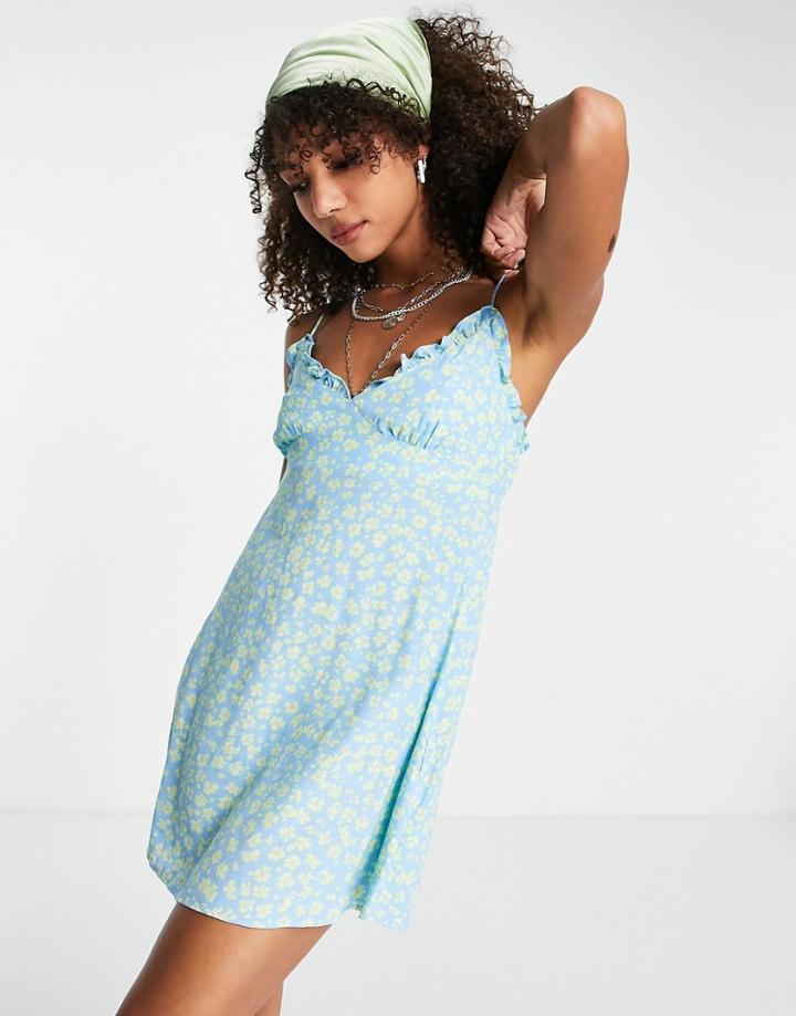 Bershka Frill Detail Cami Mini Dress In Blue Floral