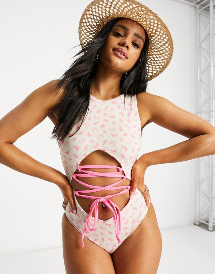 Asos Design Strappy Wrap Swimsuit In Micro Butterfly Print-multi