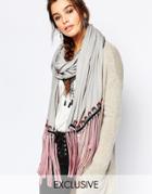 Bl^nk Tencel Scarf With Embroidery And Tassels - Gray