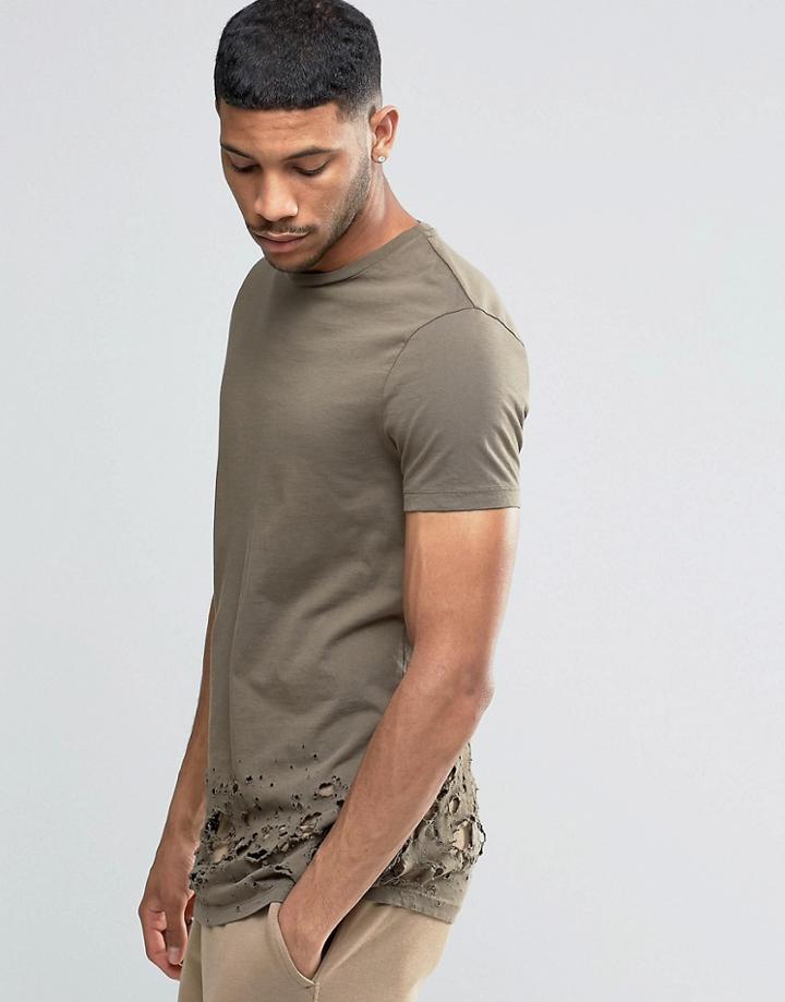 Asos Longline T-shirt With Distressed Hem In Khaki - Camo Khaki