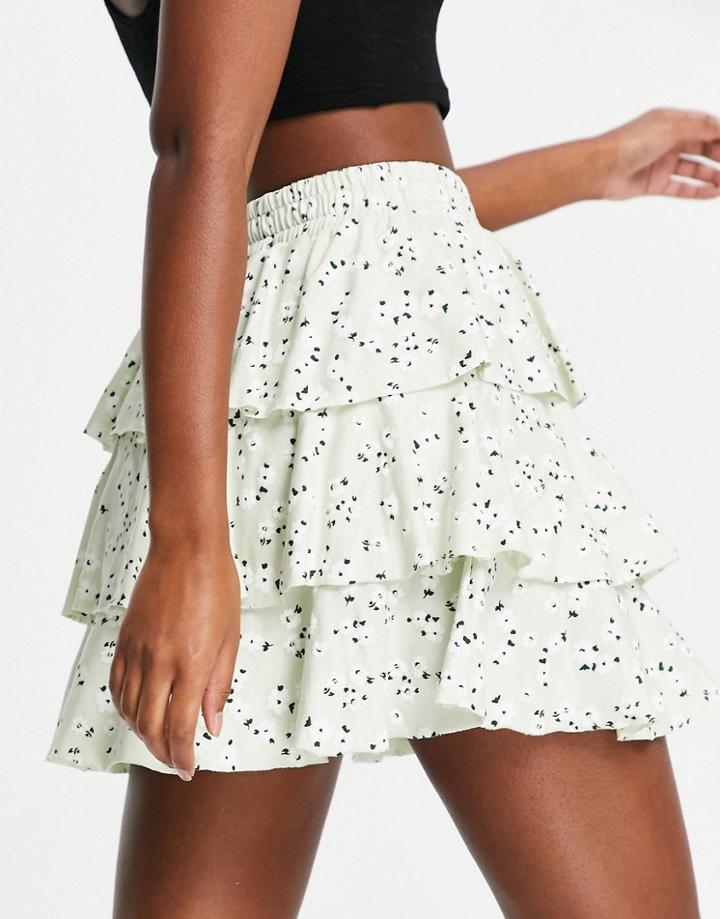 Asos Design Ruffle Mini Skirt In Mint Floral Print-multi