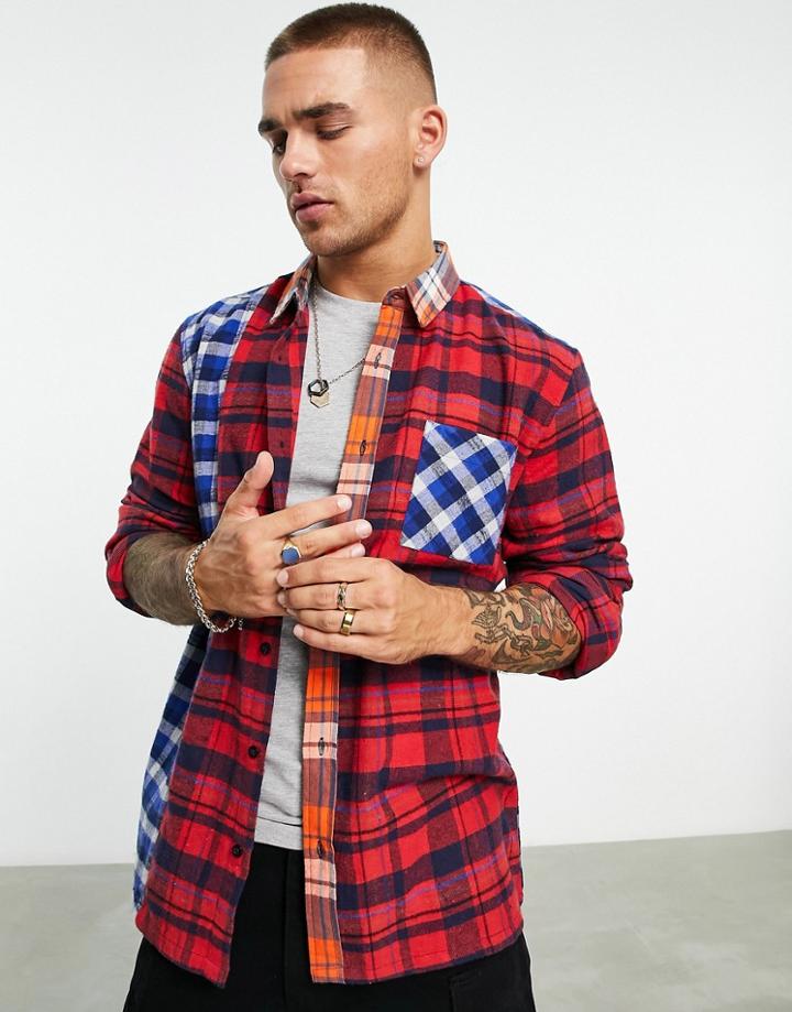 Night Addict Flannel Spliced Plaid Oversized Fit Shirt In Red