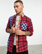 Night Addict Flannel Spliced Plaid Oversized Fit Shirt In Red