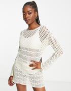 Miss Selfridge Long Sleeve Crochet Cover Up In Cream-white