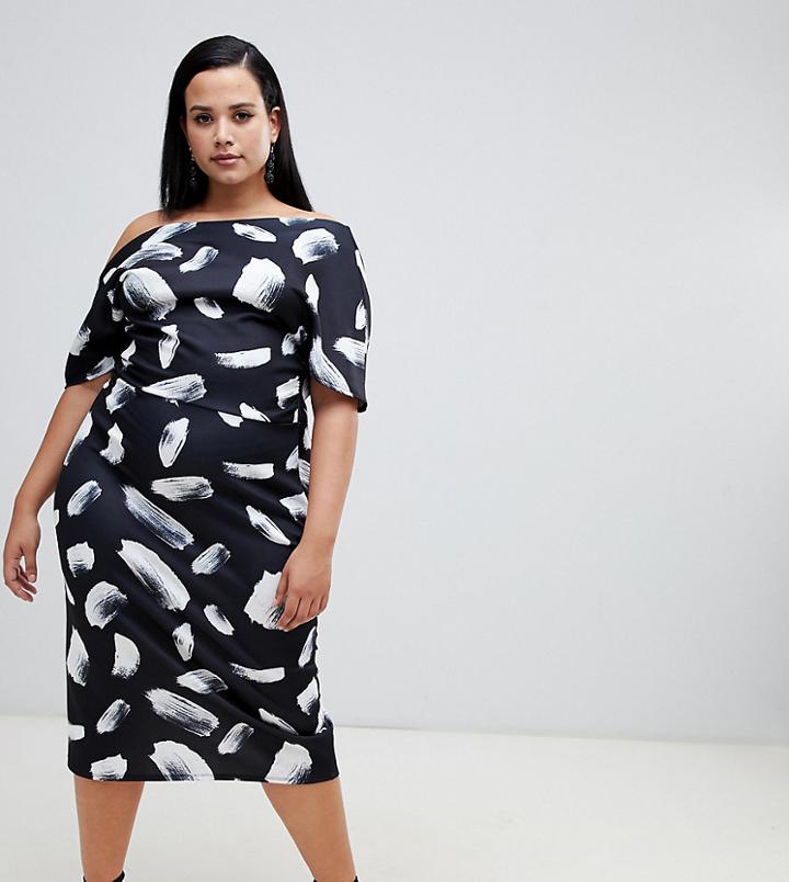 Asos Design Curve Pleated Shoulder Pencil Dress In Mono Print - Multi