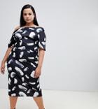 Asos Design Curve Pleated Shoulder Pencil Dress In Mono Print - Multi