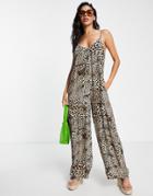 Qed London Cami Strap Wide Leg Jumpsuit In Leopard Print-multi