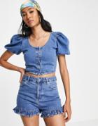 Topshop Self Button Denim Crop Top In Mid Blue - Part Of A Set