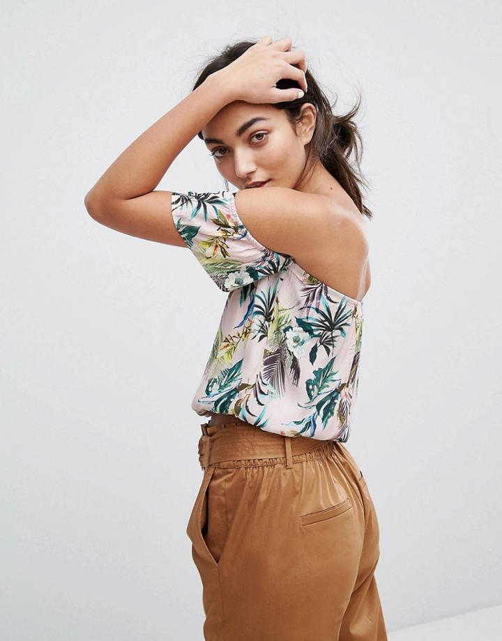 Bershka Tropical Off The Shoulder Crop Top - Multi