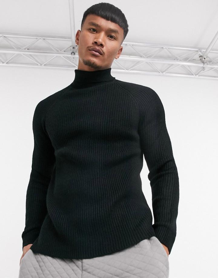 Bershka Ribbed Rollneck Sweater In Black
