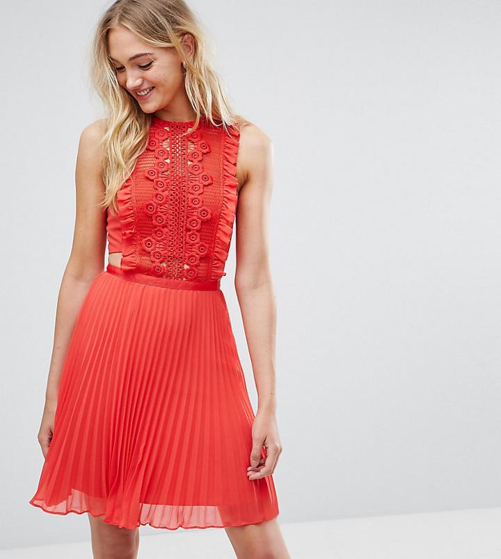 Asos Tall Lace Jumper Pleated Mini Dress - Red