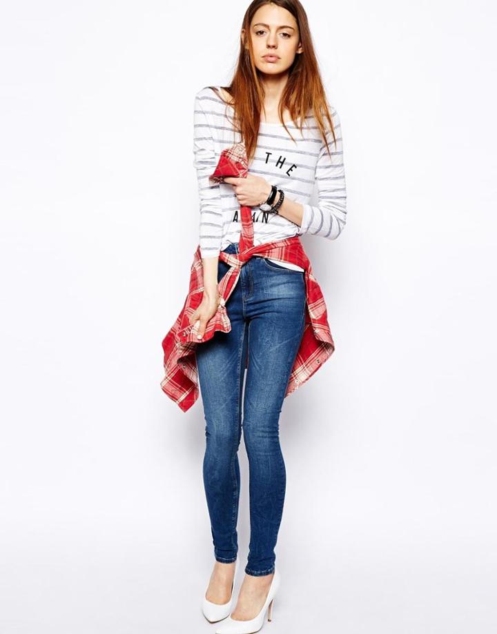 Asos Ridley High Waist Ultra Skinny Jeans In Mid Wash Blue