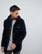 Bershka Wool Jacket With Hood And Double Pocket In Navy - Navy